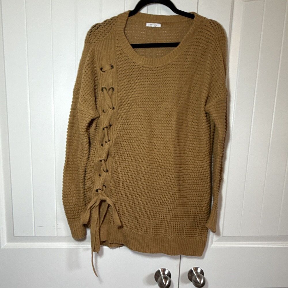 maurices L Mustard Brown Knit Pullover Sweater Lace-Up Side Scoop Neck Long